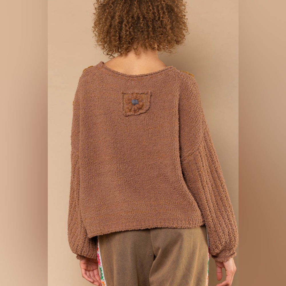 POL Patch Flower Chenille Sweater | Brown Daisy Knit Pullover - Picture 2 of 5